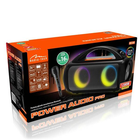 POWER AUDIO PRO - Premium głośnik Bluetooth 5.3/TWS z funkcją KARAOKE. Mocne 60W RMS / 1200W PMPO. Radio FM, MP3, USB. Akumulator litowo-jonowy (czas pracy do 16h!). Wodoodporność IPX5, USB-C. Mikrofon + pasek na ramię w zestawie.