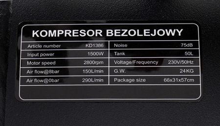 KOMPRESOR BEZOLEJOWY 50L KD1386 - KRAFT&DELE