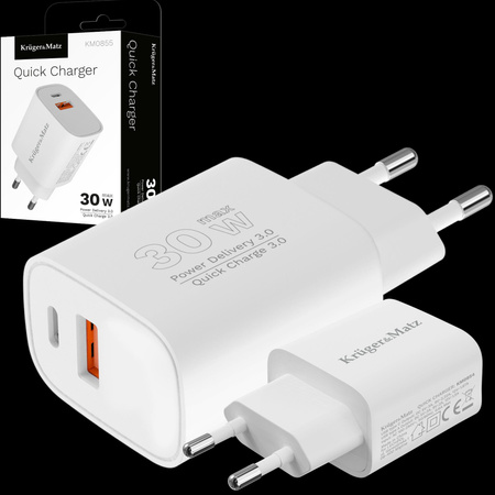 Ładowarka sieciowa Kruger&Matz GaN dual USB z funkcją Power Delivery i Quick Charge
