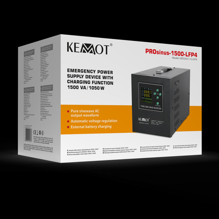 Zasilacz awaryjny KEMOT PROsinus-1500-LFP4 przetwornica z czystym przebiegiem sinusoidalnym i funkcją ładowania 12V 230V 1500VA/1050W