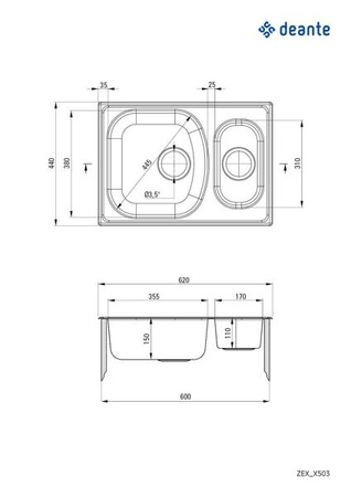 Zlewozmywak stalowy 1.5-komorowy (ZEX 3503) - Deante
