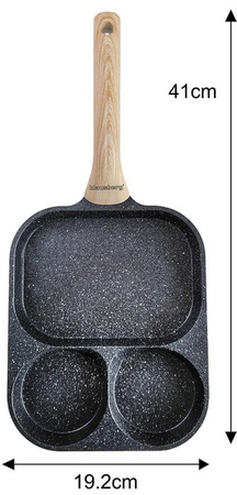 Patelnia prostokątna z powłoką nieprzywieralną, 3 sekcje, czarna z drewnianą rączką, 41x19,2x2,8cm, Klausberg, KB-7827 KB-7827