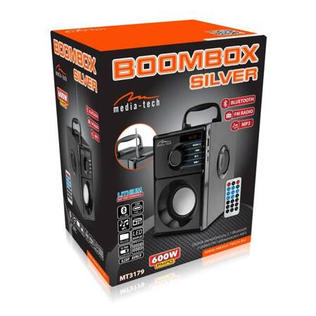 BOOMBOX SILVER - Kompaktowy głośnik Bluetooth stereo z wbudowanym wooferem, 600W PMPO. FM, MP3. Wbudowany akumulator. Pilot. Kolor membrany srebrny