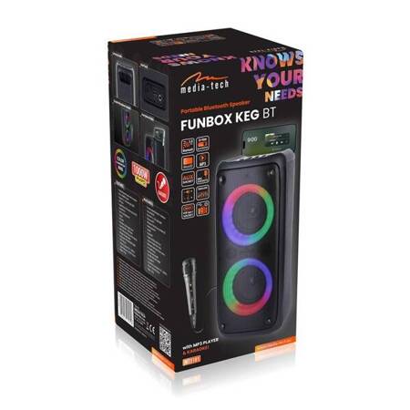 FUNBOX BT - Mocny głośnik Bluetooth 5.0 + EDR z dodatkową funkcją KARAOKE, TWS, MP3, USB, karty microSD, iluminacja RGB. Mikrofon kablowy w zestawie. Moc RMS 40W i PMPO 1000W