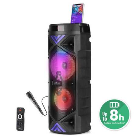 FUNBOX KEG PRO - Duży Power Audio głośnik Bluetooth 5.0+EDR, funkcja karaoke. RMS 50W, PMPO1400W, FM Radio, wyśiwietlacz, dwa głośniki 6,3”, wbudowany akumulator. Zestaw zawiera mikrofon oraz pilot.