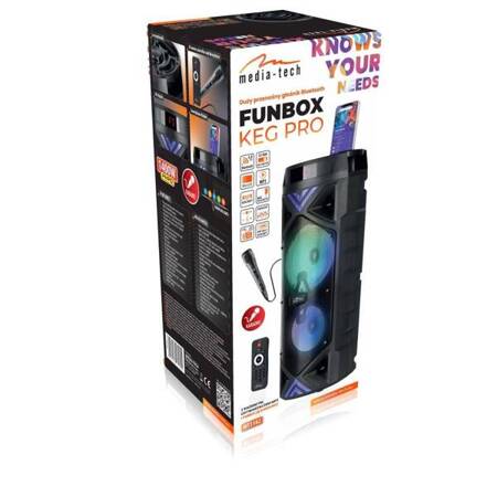 FUNBOX KEG PRO - Duży Power Audio głośnik Bluetooth 5.0+EDR, funkcja karaoke. RMS 50W, PMPO1400W, FM Radio, wyśiwietlacz, dwa głośniki 6,3”, wbudowany akumulator. Zestaw zawiera mikrofon oraz pilot.